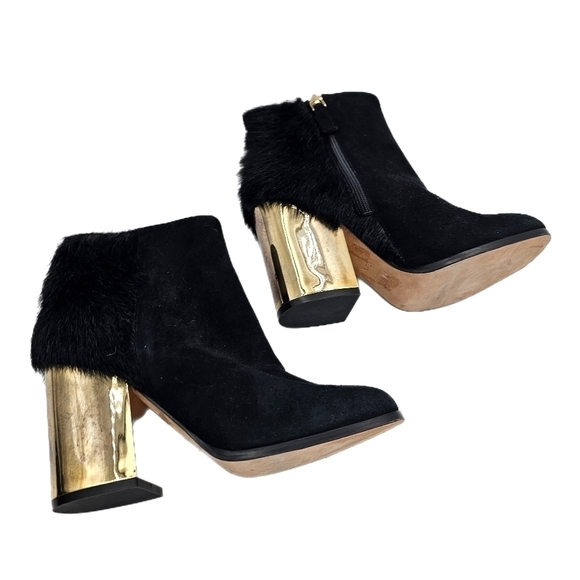Furla Womens Ankle Bootie Round Toe Zip Side Gold Heels Leather Black Size 35.5 - Picture 2 of 14